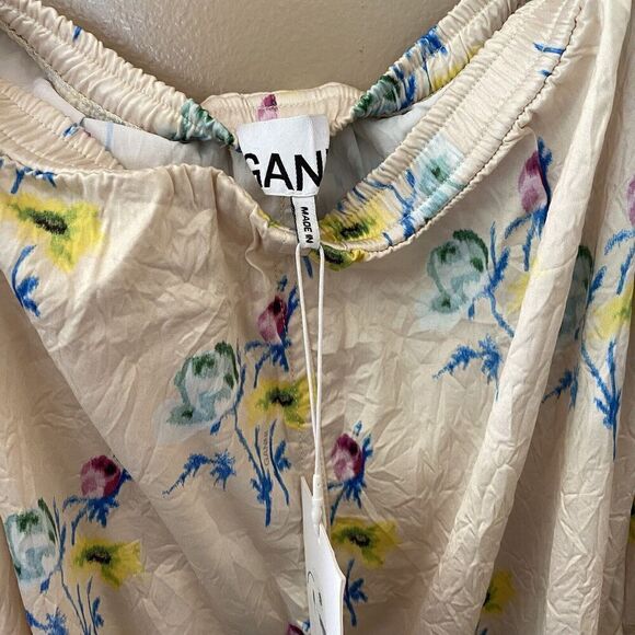 GANNI NWT $295 Crinkled Satin Floral Ruffle Strap Maxi Slit Dress Size 42 L - Picture 8 of 15